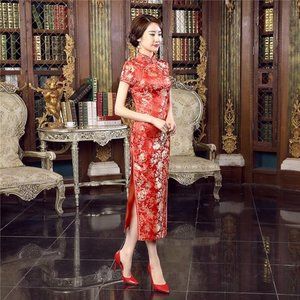 NWT Long Red Chinese Wedding Dress Qipao Cheongsam Party Dress Gown